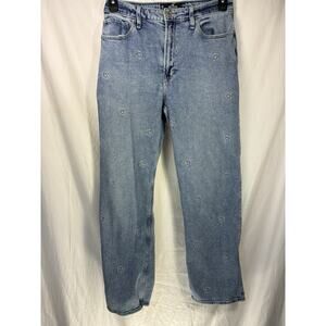 Hollister Women's 10R Ultra High-Rise Dad Jean Floral Embroidered Blue Stretch